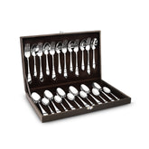 Elegant cutlery set with forks and spoons neatly arranged inside an open brown presentation case.
